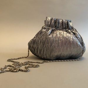 Silver Vintage Evening Bag w/Long Silver Chain
